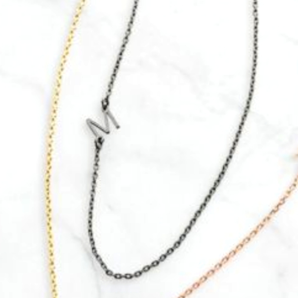 Stainless Steel Mini Initial Asymmetrical Station Necklace Black M